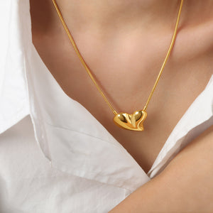 Puffy Heart Pendant Snake Chain Necklaces and Heart Stud Earrings