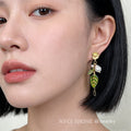 Gold Flower Pearl Green Leaf Tassel Drop Earrings With Chain view 2