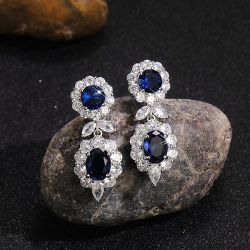 Royal Blue Floral CZ Drop Earrings Silver Tone Halo