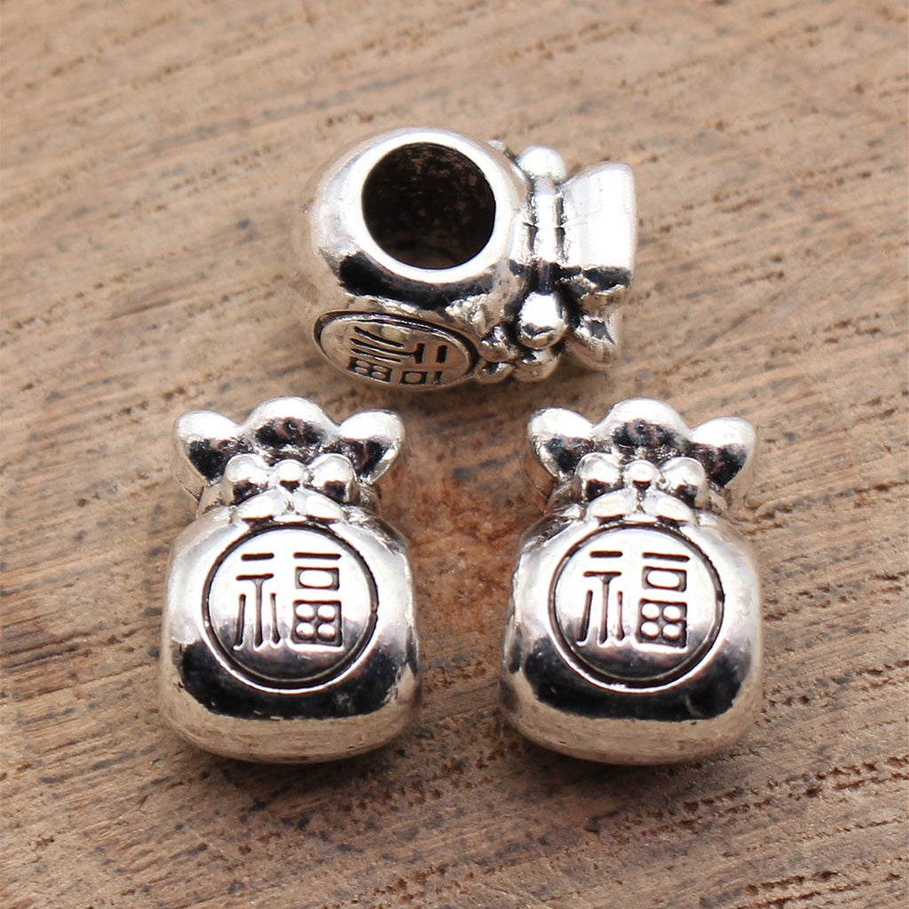 12x9.2x8.7mm 2.8g Antique Silver Zinc Alloy Lucky Bag Fu Character Large Hole Double Sided Beads for Bracelet Making