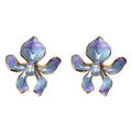 Gold Tone Iridescent Purple Blue Iris Flower Stud Earrings view 5