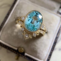 Gold Tone Aqua Oval Crystal Ornate Halo Ring Polished Metal Jewelry view 2