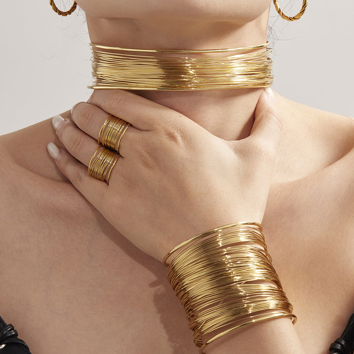 Multi-Strand Wire Open Choker Cuff Ring Gold Silver Stainless