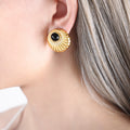 Ribbed Round Stud Earrings Faux Pearl Or Moonstone Centers view 6