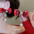 Red Fabric Bow Pearl Choker And Snowflake Drop Earrings view 3