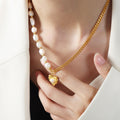 Asymmetric Pearl Gold Curb Chain Heart Pendant Necklace view 4