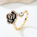 Gold Tone Black Enamel Rose Crystal Adjustable Open Ring view 1