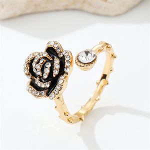 Black Enamel Rose Ring with Clear Crystals, Gold Tone Adjustable Band