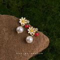 Daisy Ladybug Enamel Stud Earrings White Pearl Drop view 3