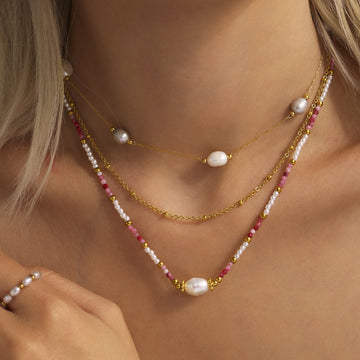 Beaded Natural Stone Shell Freshwater Pearl Necklaces Gold