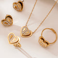 Double Layer Heart Zircon Stainless Steel Earrings Necklace Ring view 1