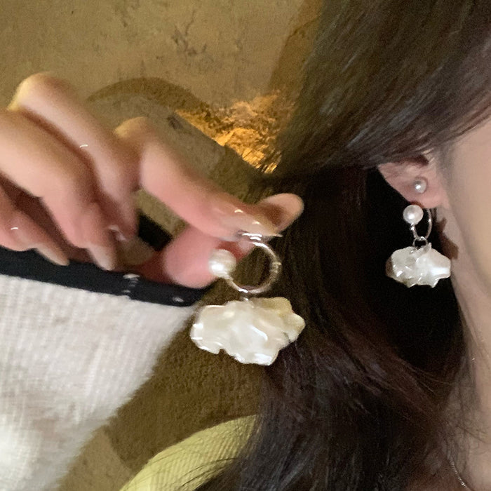 White Fabric Flower Hoop Drop Earrings with Reflective Details