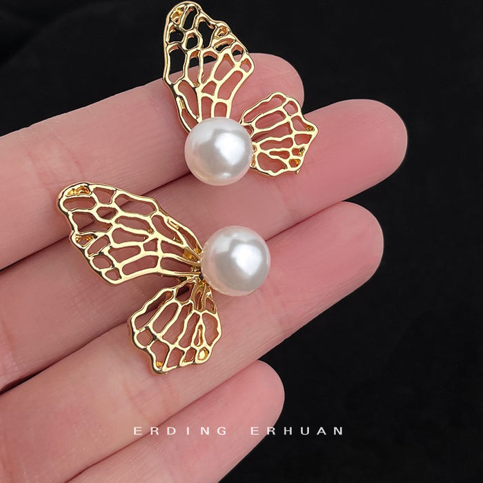 Gold Hollow Butterfly Pearl Dual Wear Stud Earrings