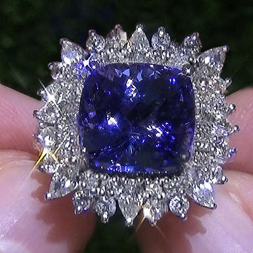 Blue Cushion Halo Cocktail Ring Clear Marquise Accents