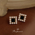 Black Square Pearl Border Stud Earrings Gold Tone Frame view 1