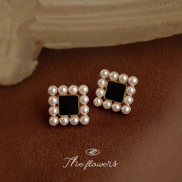 Black Square Pearl Border Stud Earrings Gold Tone Frame