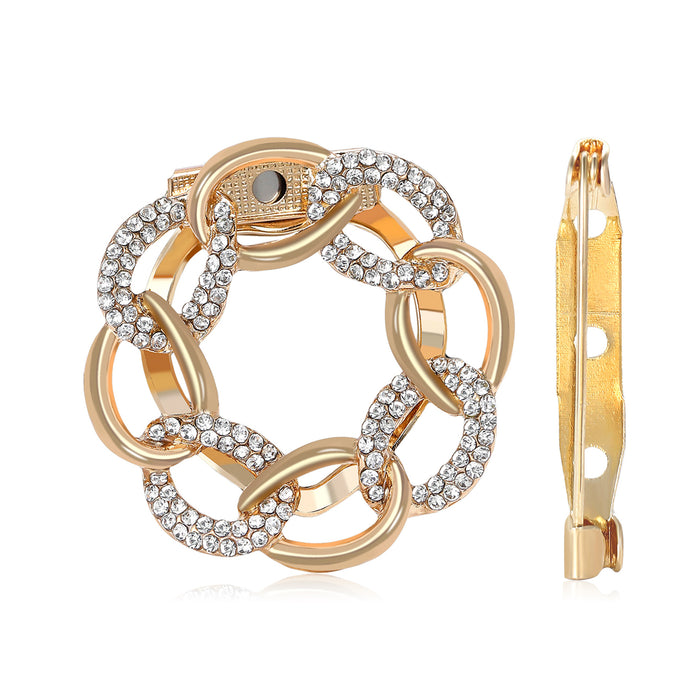 Interlocking Ring Chain Brooch With Clear Crystals in Gold Tone