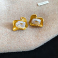 Abstract Pearl Inlay Stud Earrings with Distinctive Textured Details view 6