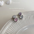 Silver Double Heart Crystal Stud Earrings Pink Purple view 2