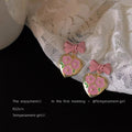 Pink Bow Gold Heart Drop Earrings Floral Enamel Pair view 4