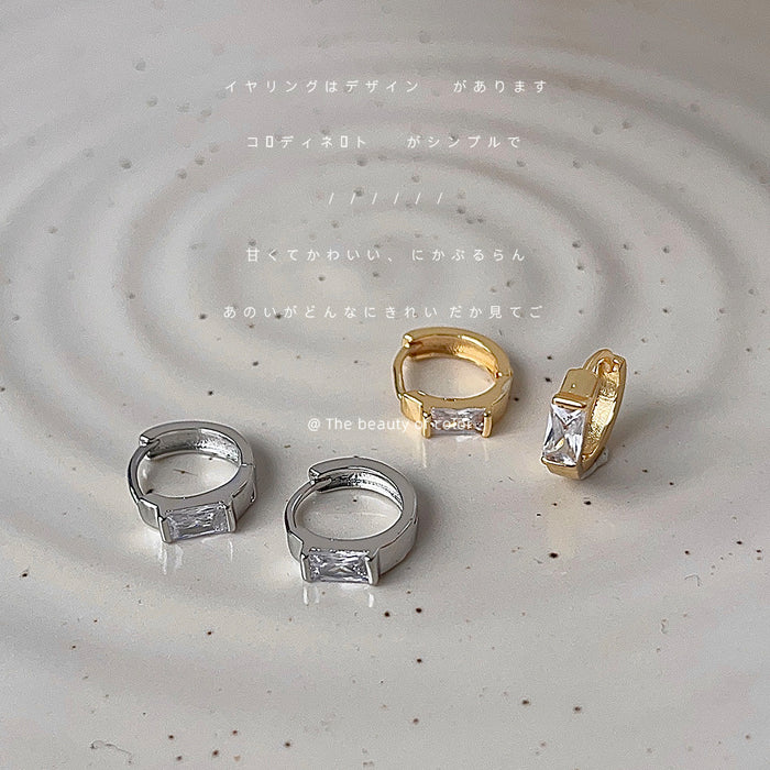 Gold Tone Mini Huggie Hoop Earrings Baguette Zircon Accent