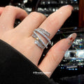 Silver Multi Row Crystal Open Ring Blue Oval Halo Band view 3