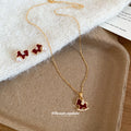 Gold Red Enamel Rocking Horse Necklace and Pearl Drop Studs view 2