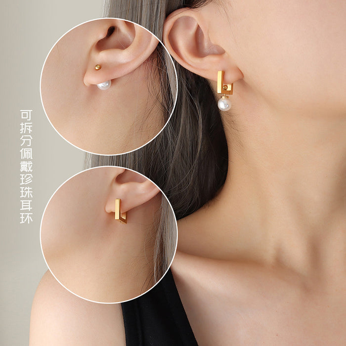 Square Huggie Hoop Earrings Detachable Faux Pearl Drop