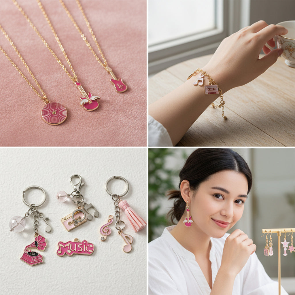 Pink Enamel Zinc Alloy Music Note Piano Guitar Charm Pendant for Keychain Bracelet Necklace Making