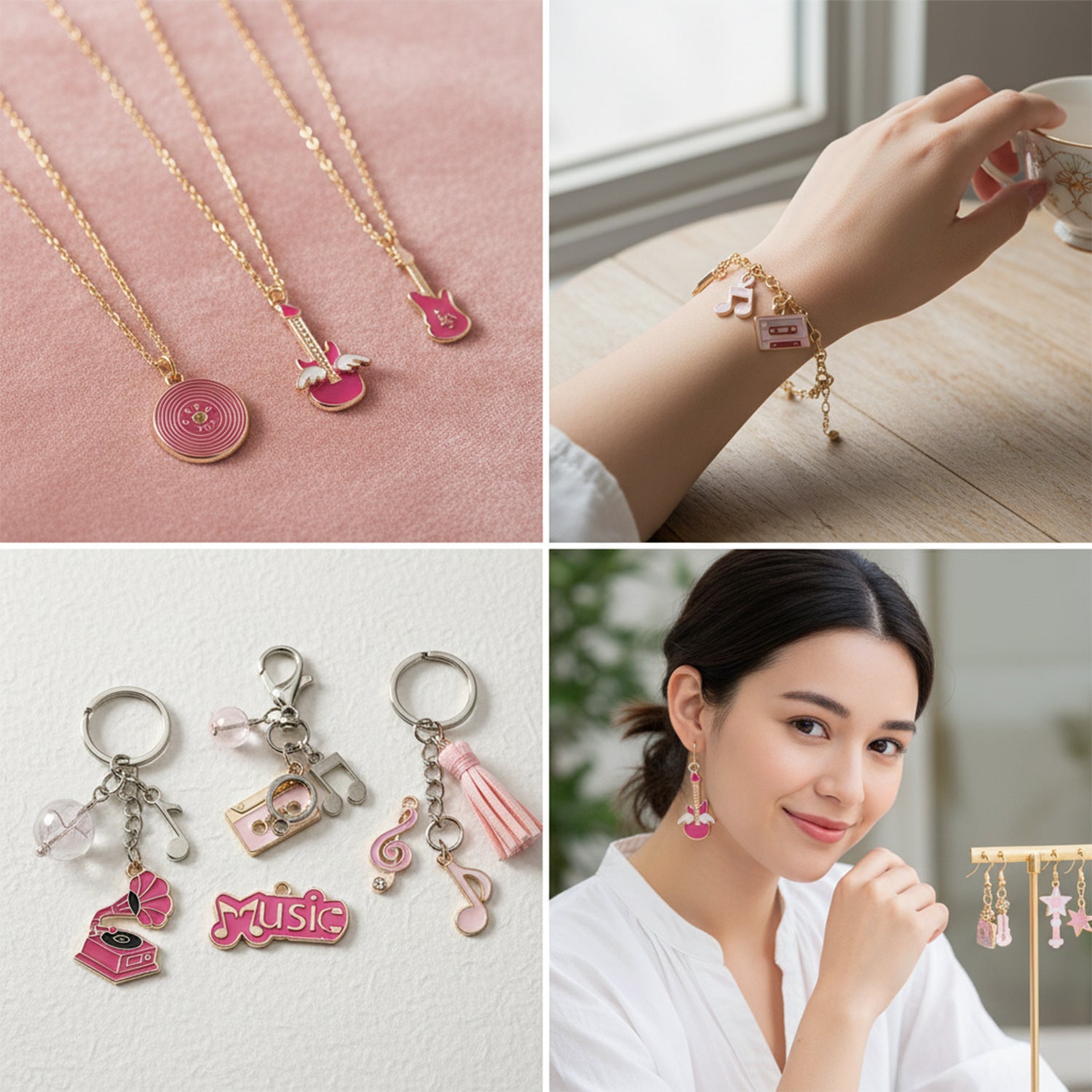 Pink Enamel Zinc Alloy Music Note Piano Guitar Charm Pendant for Keychain Bracelet Necklace Making