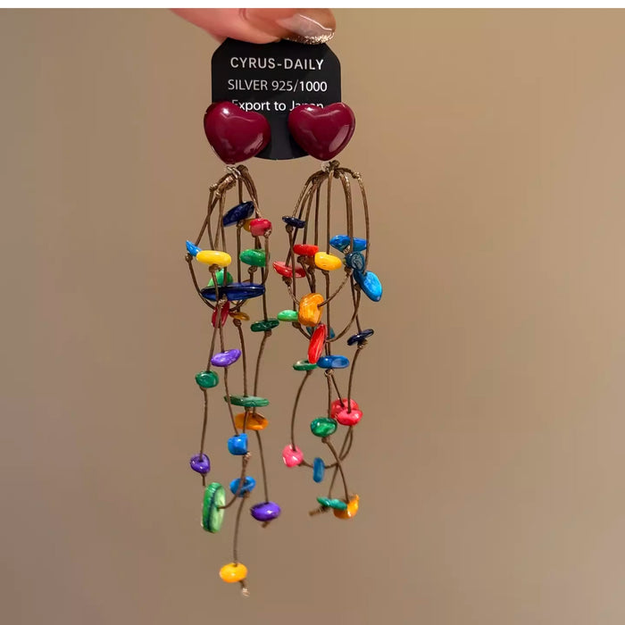 Burgundy Heart Colorful Chip Long Tassel Stud Earrings