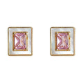 Pink CZ Rectangle Shell Stud Earrings Gold-Tone Frame view 5