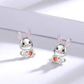 Silver Bunny Holding Carrot Stud Earrings Pink Enamel view 2