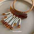 Brown Resin Bar and Beaded Fringe Collar Necklace with Decorative Details view 4