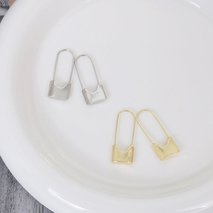 Gold and Silver Safety Pin Lock Long Hook Earrings