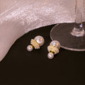 White Pearl Look Ball and Gold Beaded Curve Stud Earrings view 4