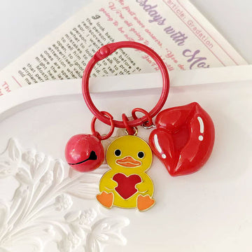 Yellow Heart Duck Keychain with Red Lips and Bell Charms