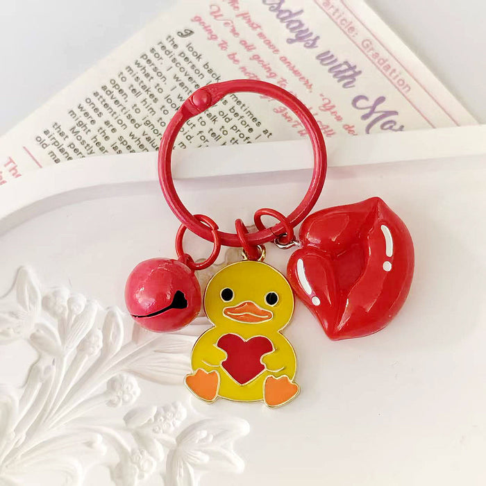 Yellow Heart Duck Keychain with Red Lips and Bell Charms