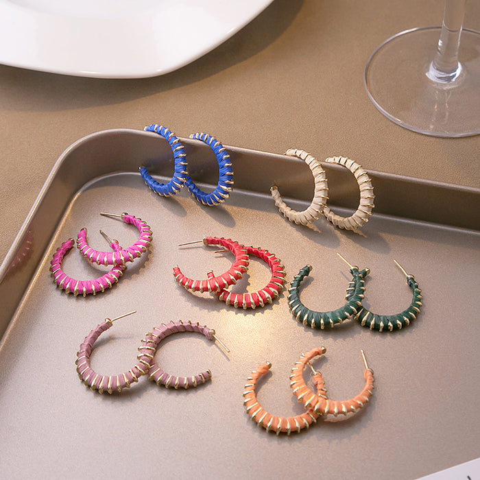 Pink Peach and Green Ridged Gold Tone C Hoop Earrings
