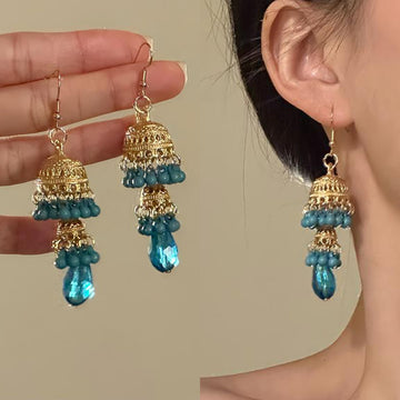 Blue Crystal Bell Tassel Hook Earrings with Reflective Details