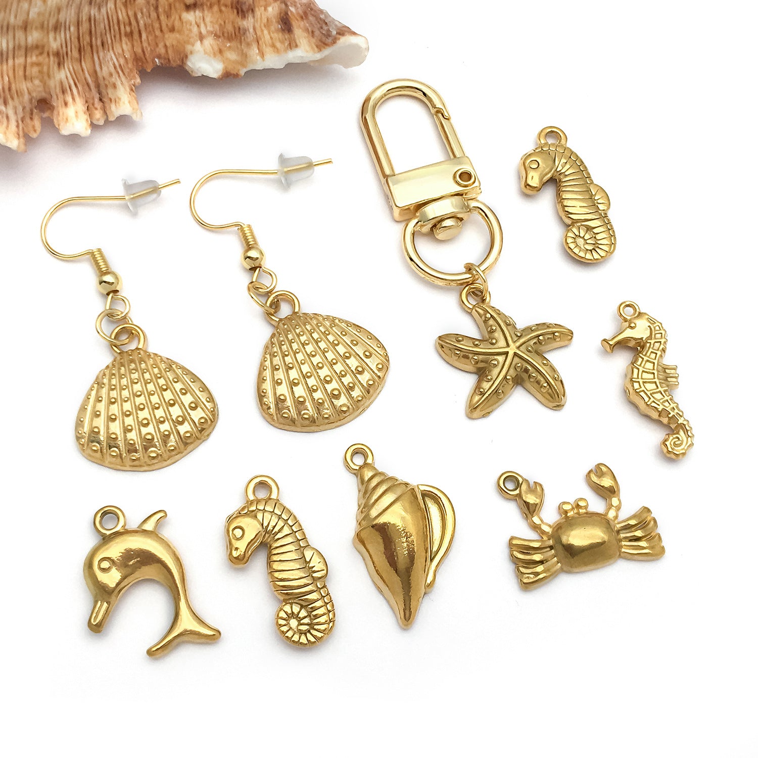 Gold Stainless Steel Ocean Shell Starfish charm pendants for DIY necklace bracelet