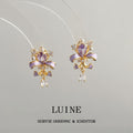 Gold Tone Purple Iris Clear Stone And Teardrop Stud Earrings view 4