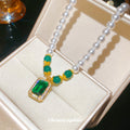 White Faux Pearl and Green Crystal Pendant Necklace view 4