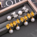 Bow Pearl Drop Stud Earrings with Rhinestone Center Gold Steel view 2