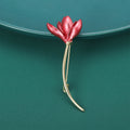 Enamel Magnolia Flower Stem Brooch Pink Red Gold Tone Pin view 2
