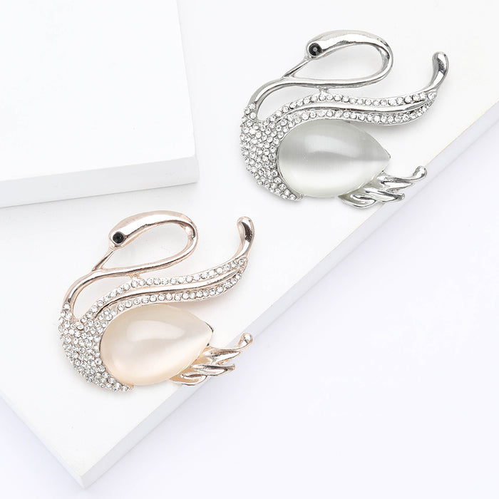 Cat Eye Effect Swan Brooch in Rose Gold or Silver Tone