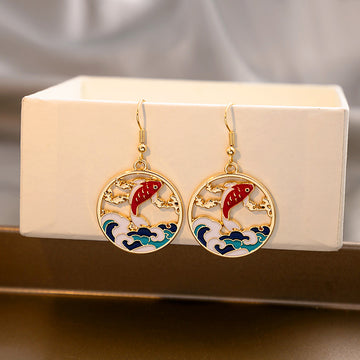 Gold Tone Koi Fish and Blue Wave Round Hook Earrings