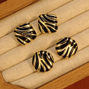 Black Gold Tone Zebra Pattern Statement Stud Earrings
