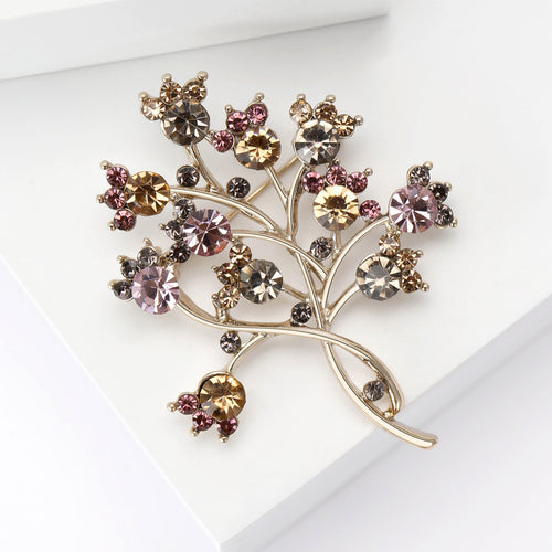 Branching Crystal Tree Brooch in Soft Pink and Brown front view on a white background