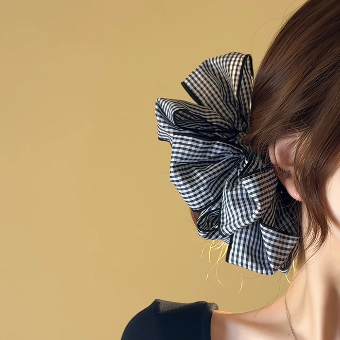 Black White Gingham Check Oversized Bow Hair Scrunchie